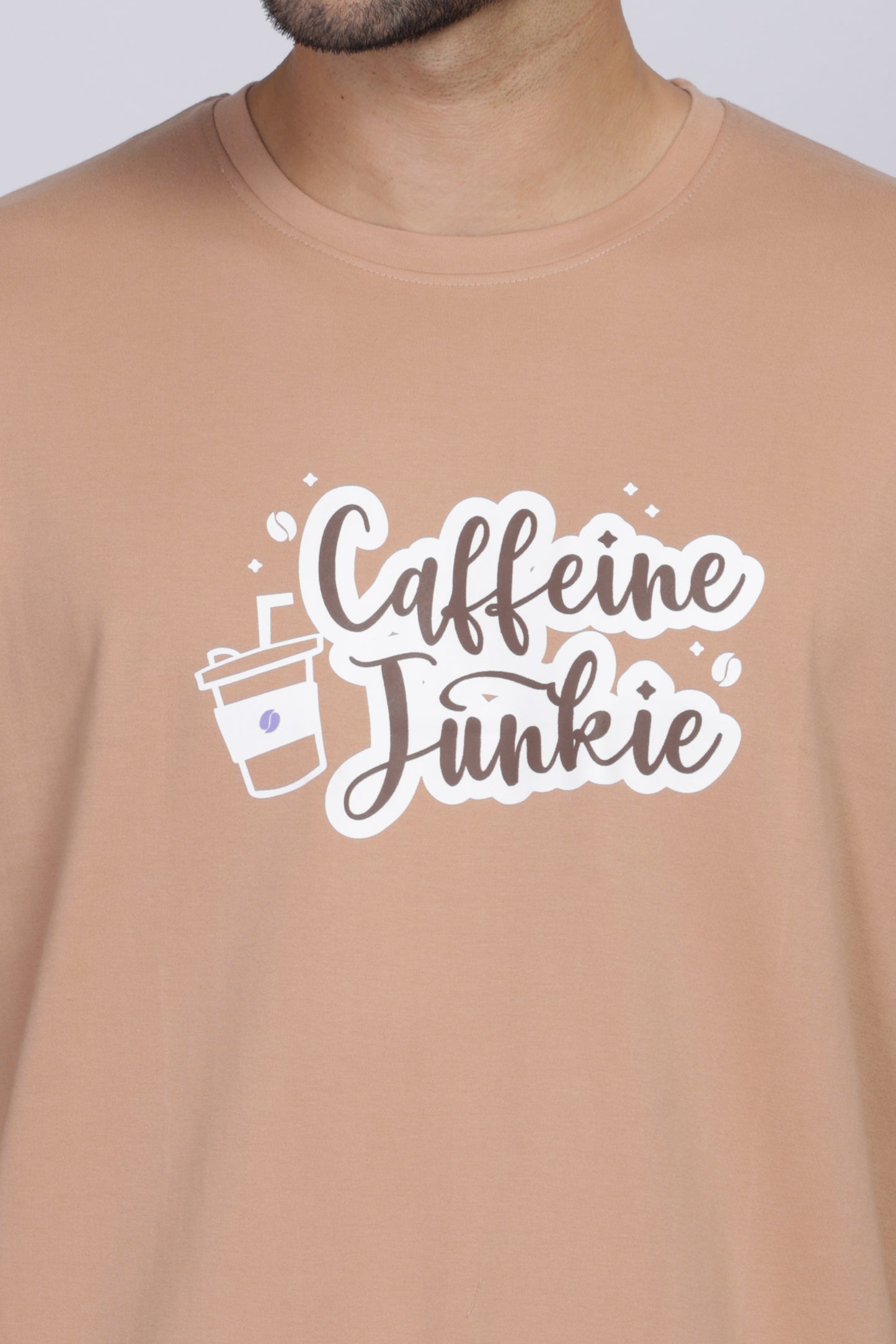 Caffeine Junkie Graphic Print Oversized-fit Beige T-Shirt