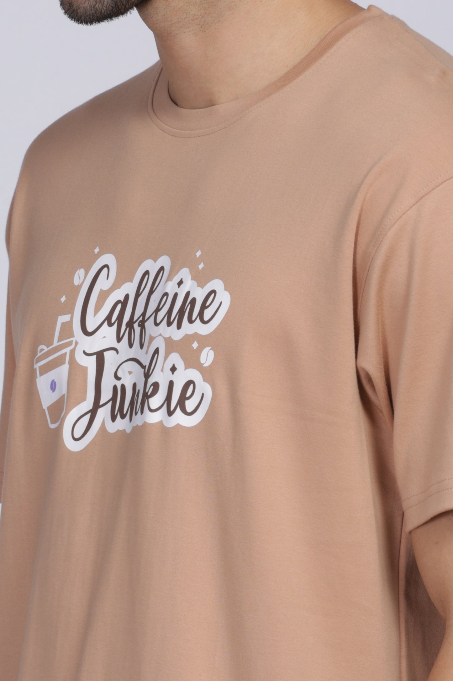 Caffeine Junkie Graphic Print Oversized-fit Beige T-Shirt