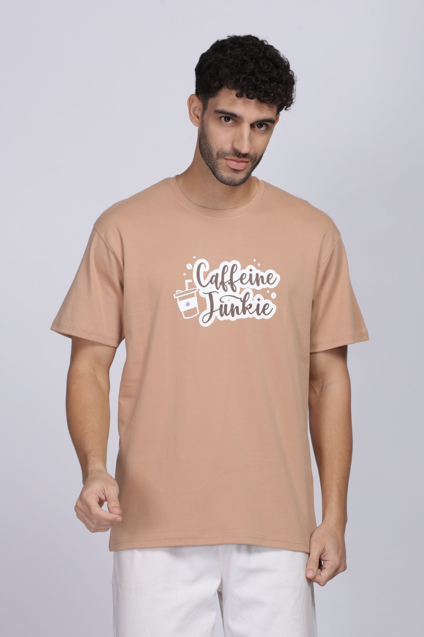 Caffeine Junkie Graphic Print Oversized-fit Beige T-Shirt