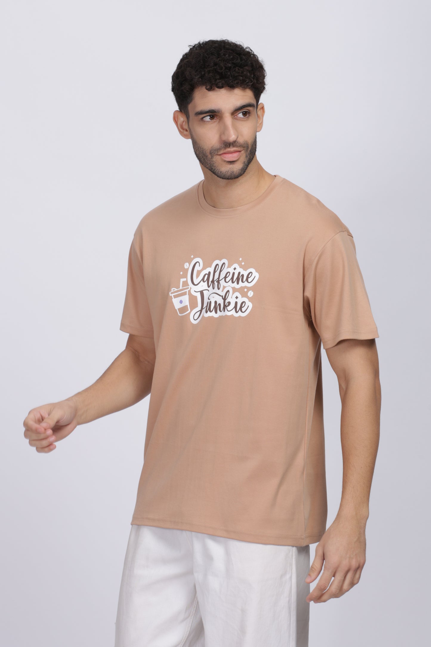 Caffeine Junkie Graphic Print Oversized-fit Beige T-Shirt