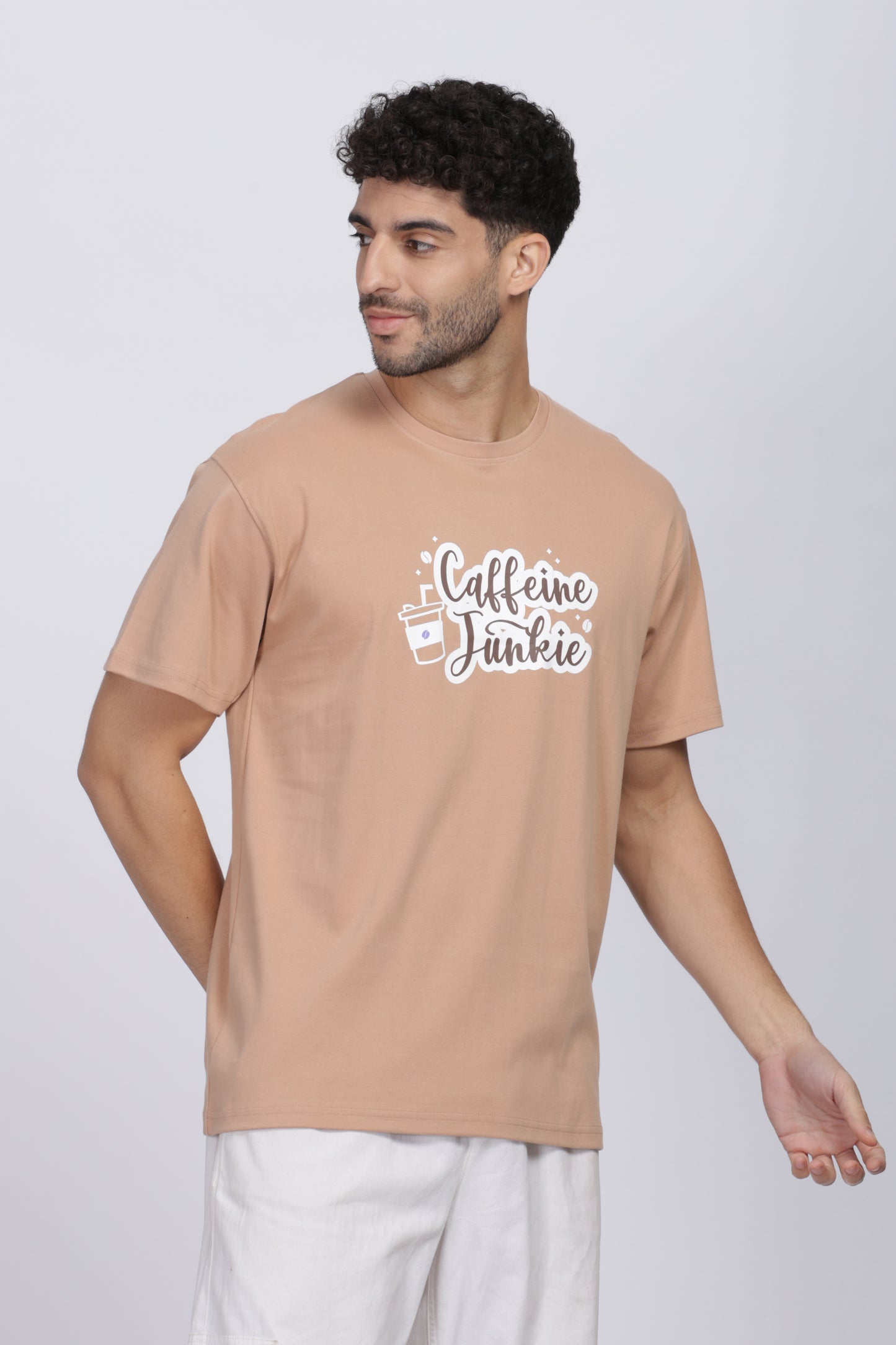 Caffeine Junkie Graphic Print Oversized-fit Beige T-Shirt