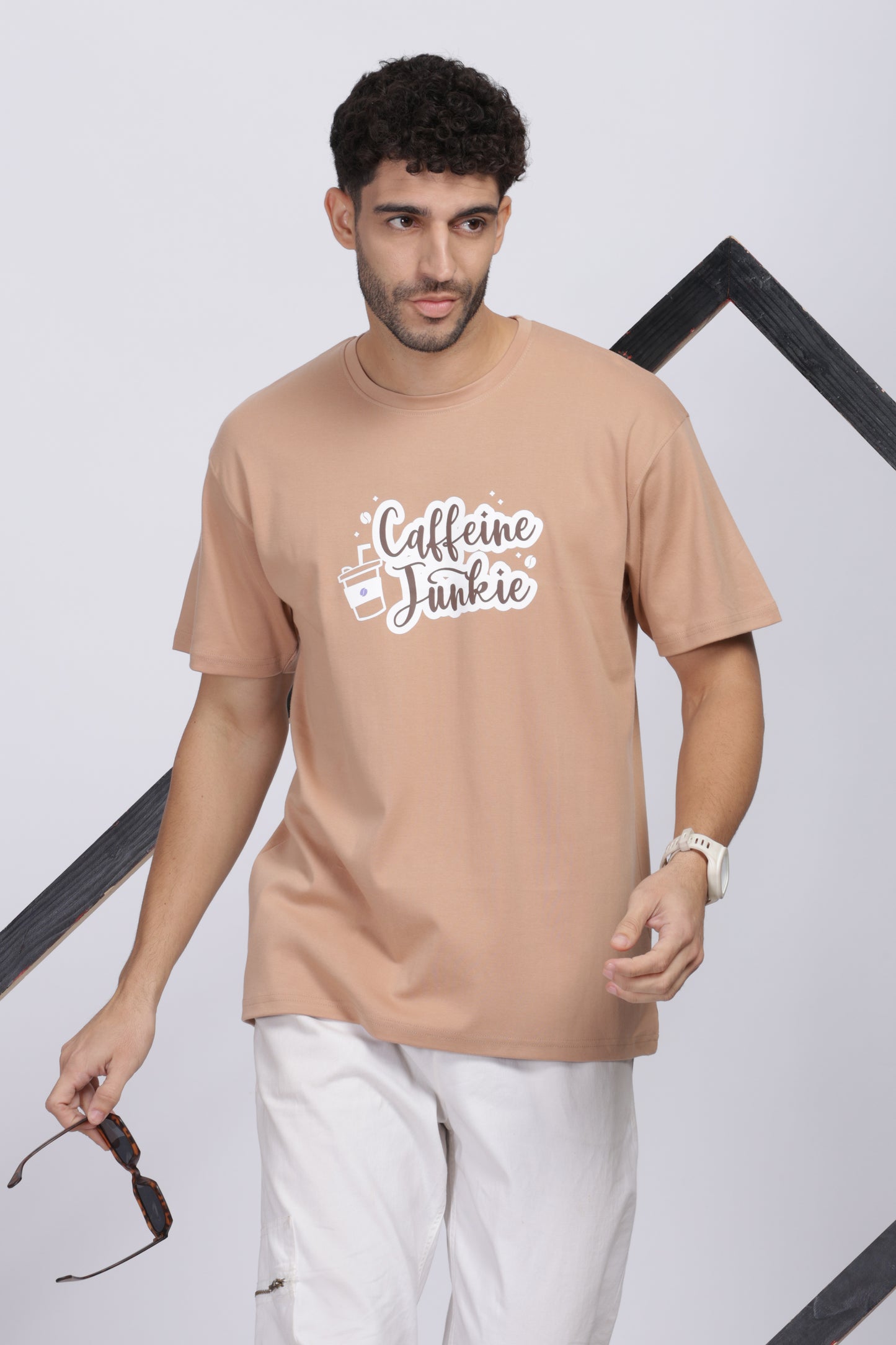 Caffeine Junkie Graphic Print Oversized-fit Beige T-Shirt