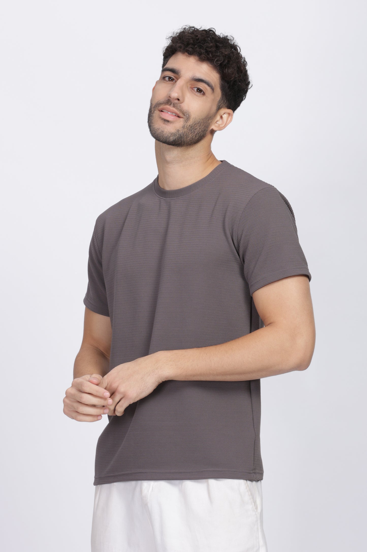 Smoke Gray Crew Neck Classic Fit Pure Cotton Pattern T-Shirt