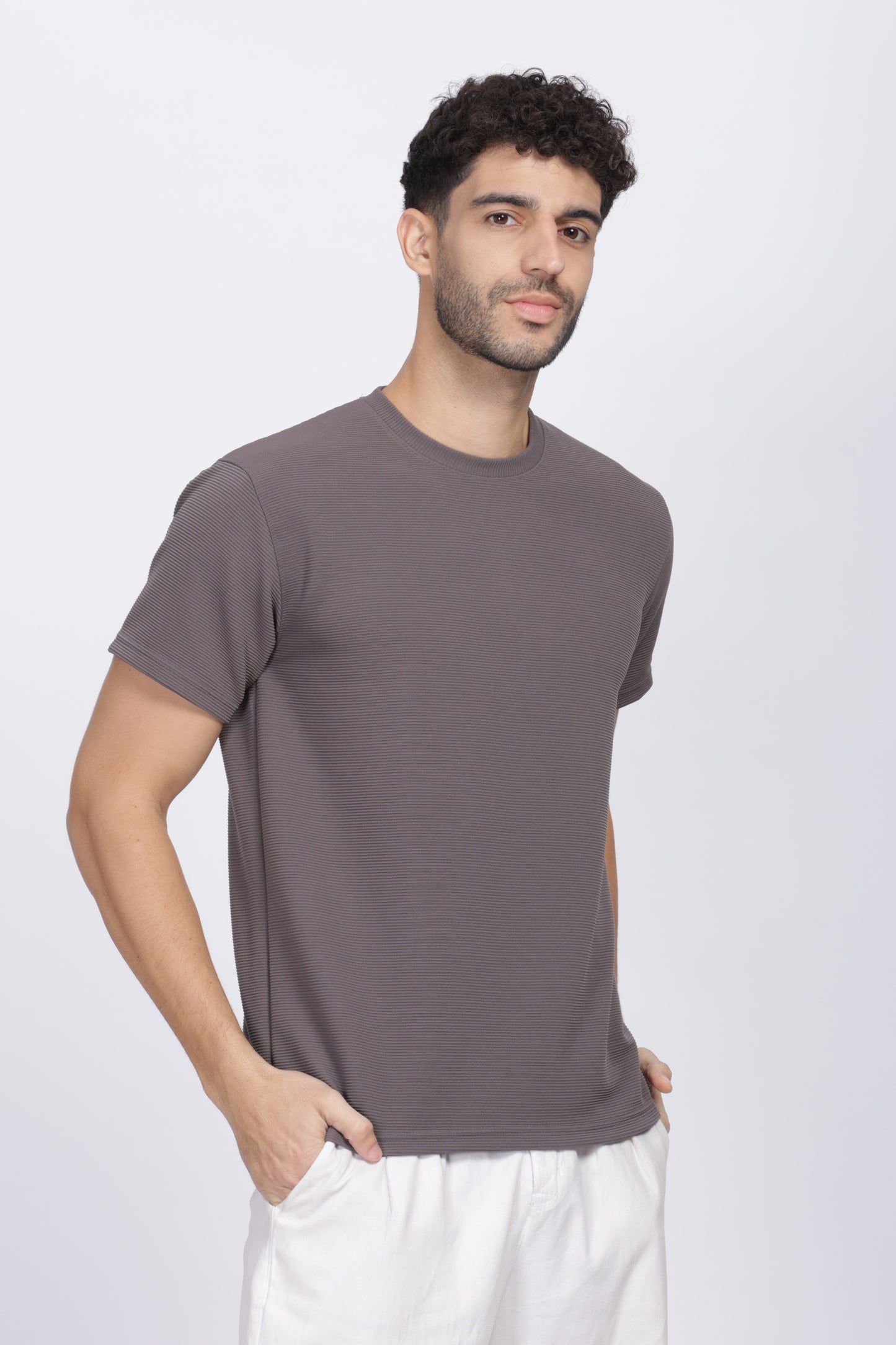 Smoke Gray Crew Neck Classic Fit Pure Cotton Pattern T-Shirt