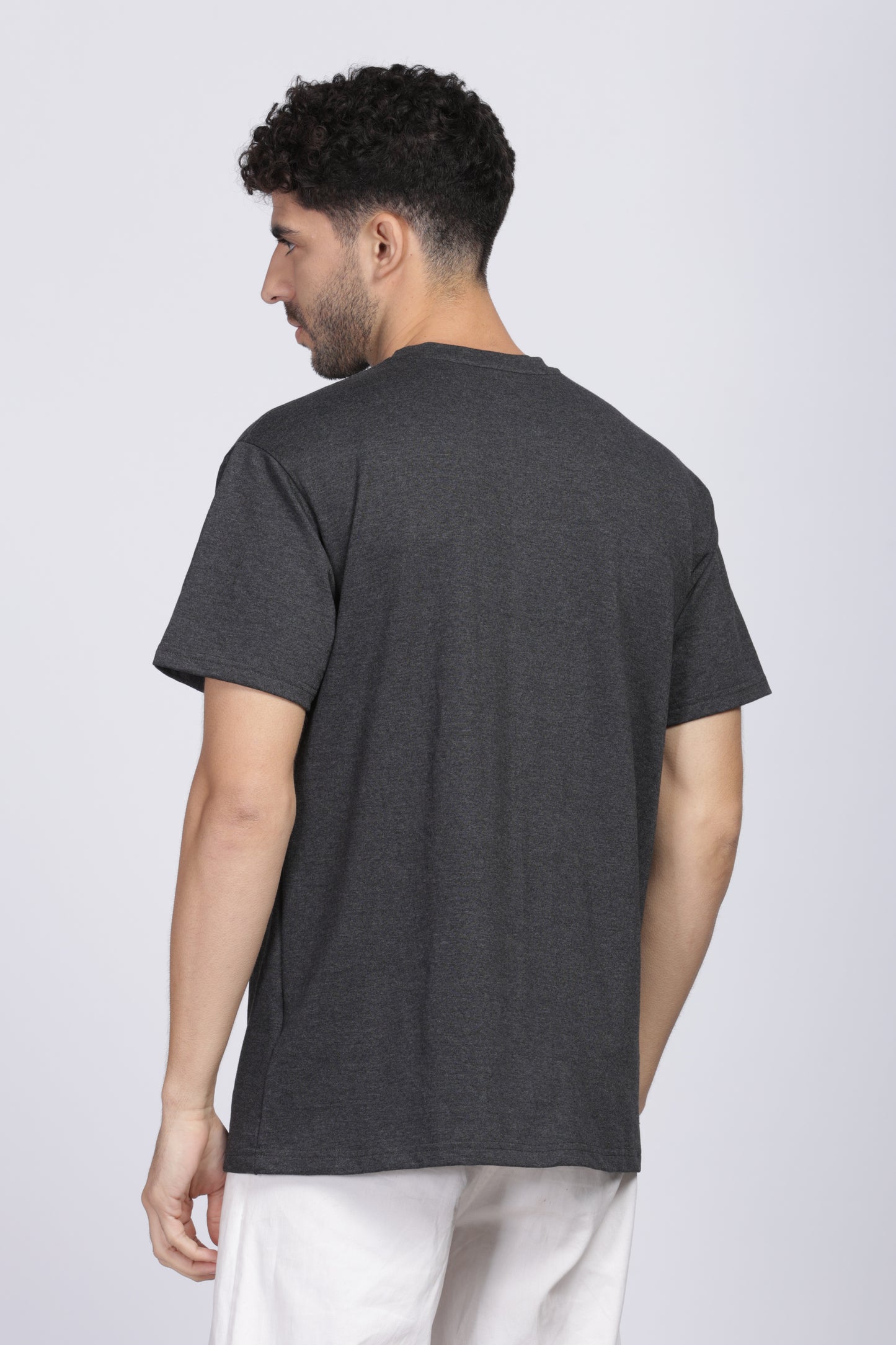 Oversized Fit Graphic Printed Dark Grey Melange Crew Neck T-Shirt