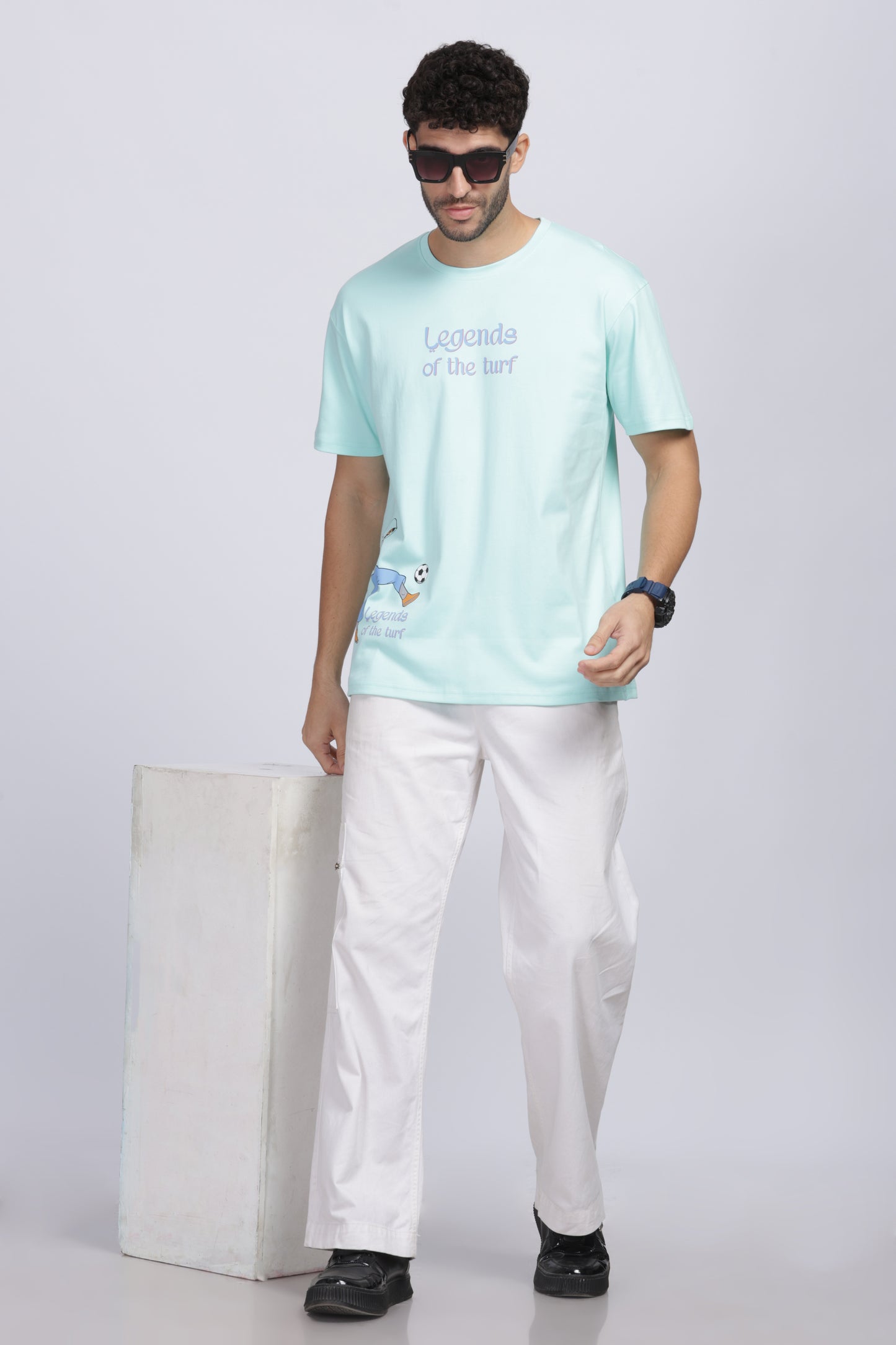 Premium Fabricated Oversized Fit Graphic Printed Aqua Blue T-Shirt