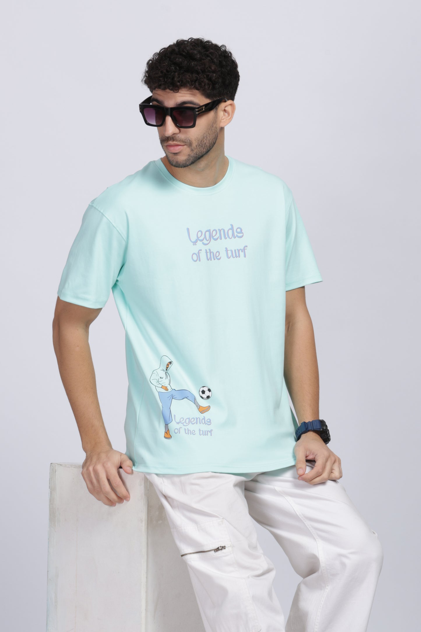 Premium Fabricated Oversized Fit Graphic Printed Aqua Blue T-Shirt